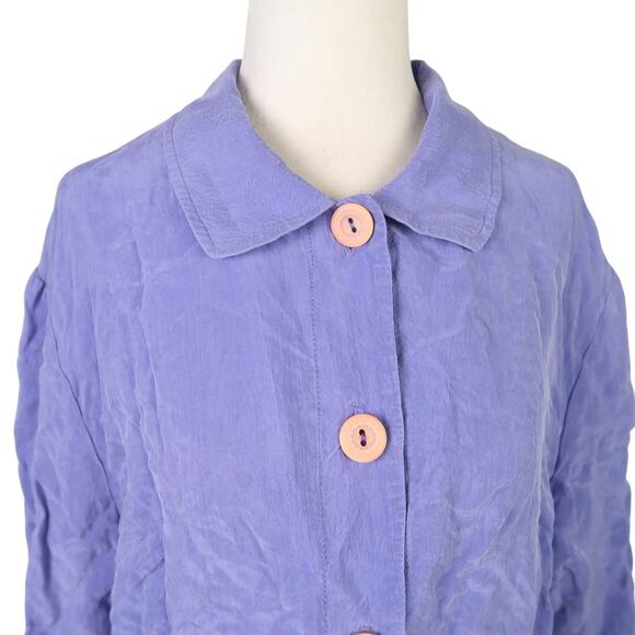 Vintage 80s Clues Periwinkle Blue Silk Button Down Blouse Top L - Picture 2 of 5